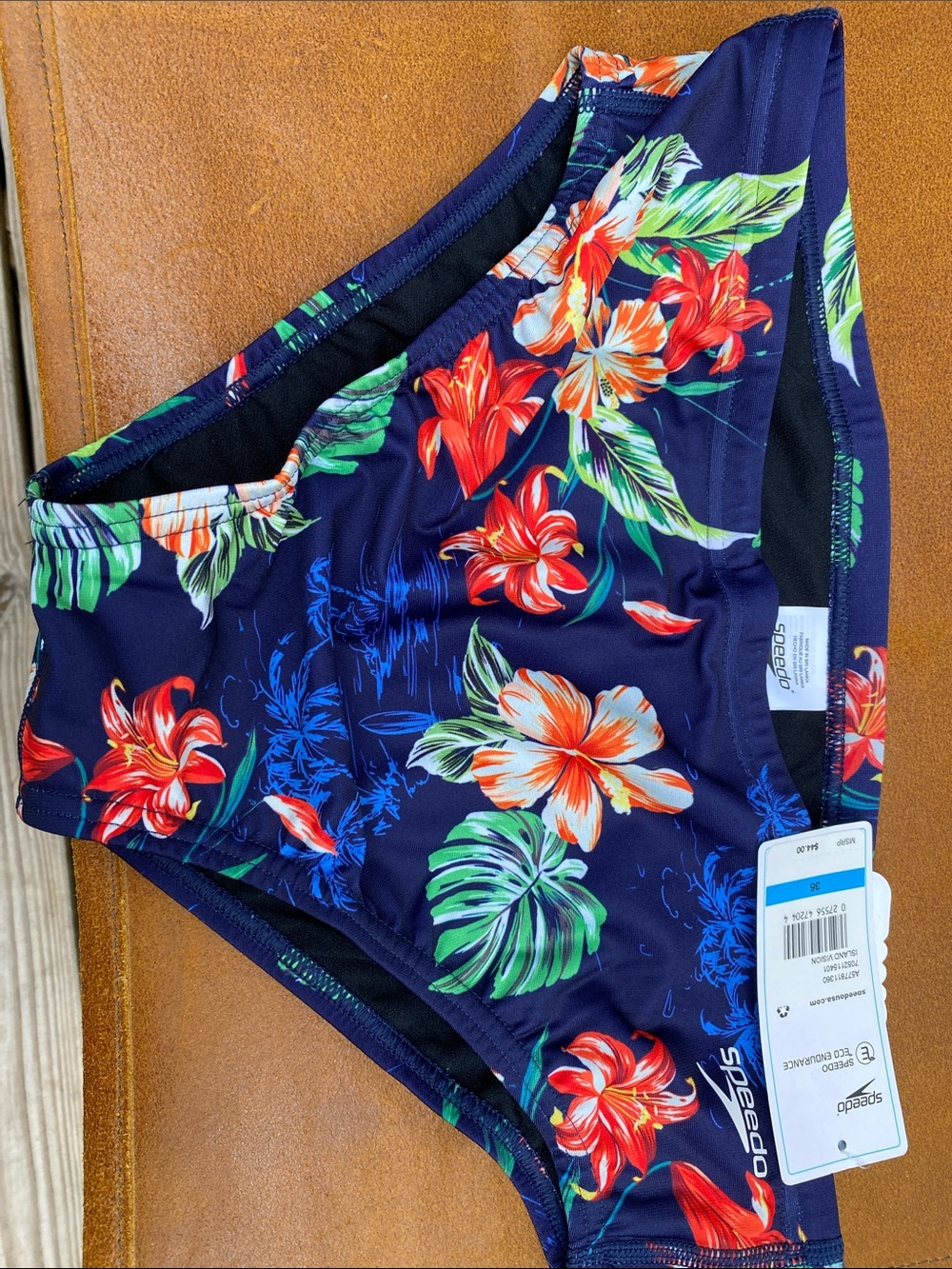 Men’s Speedo Navy Floral High-Waist Bikini Swimsuit with Red & Green Accents. 36